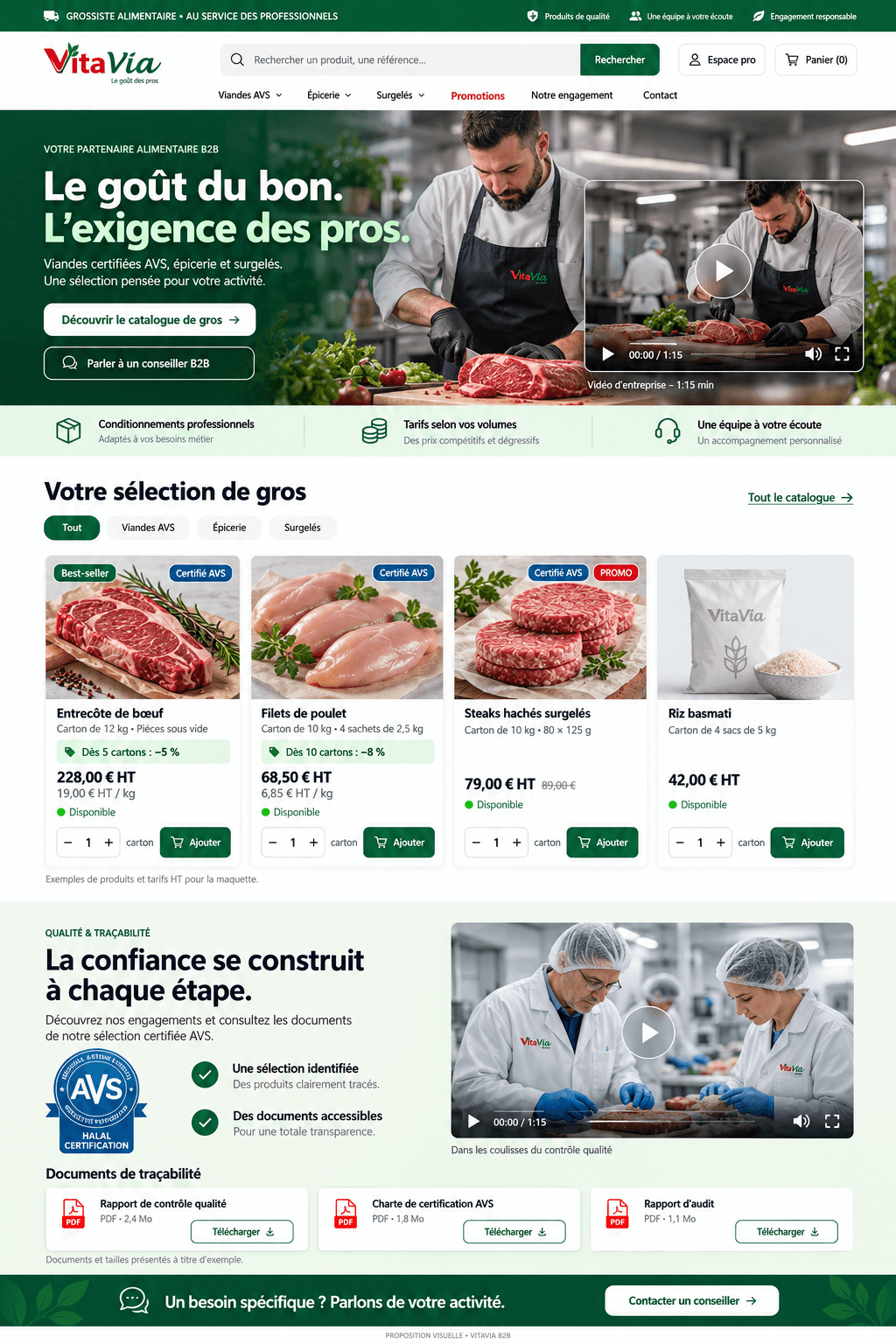 VitaVia B2B — visuel de la page d’accueil, catalogue de produits et engagements qualité.